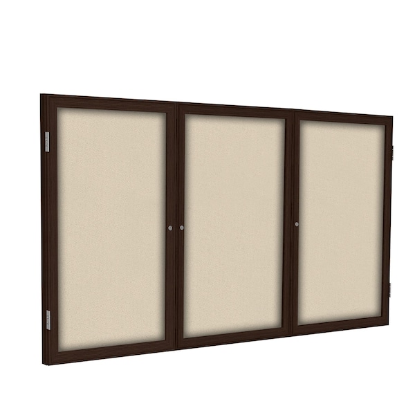 Enclosed Bulletin Board, 3 Door, Fabric, Walnut Frame, 3 ft H x 6 ft W, Beige